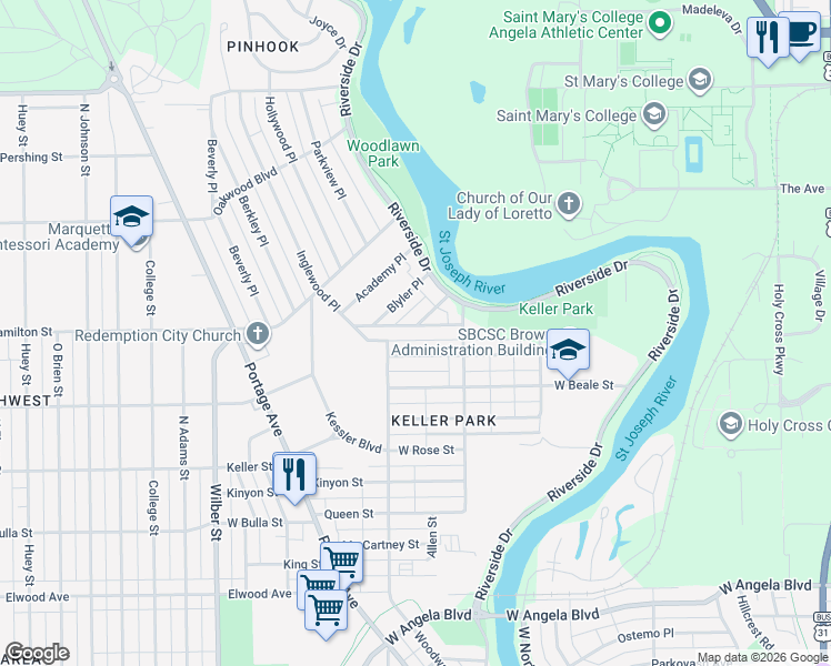 map of restaurants, bars, coffee shops, grocery stores, and more near 1046 Culver Place in South Bend