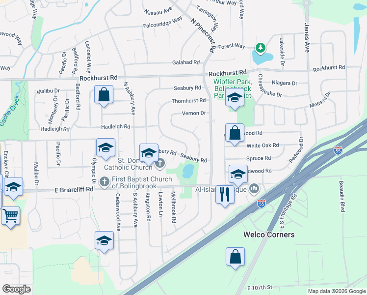 map of restaurants, bars, coffee shops, grocery stores, and more near 119 Thornhurst Road in Bolingbrook