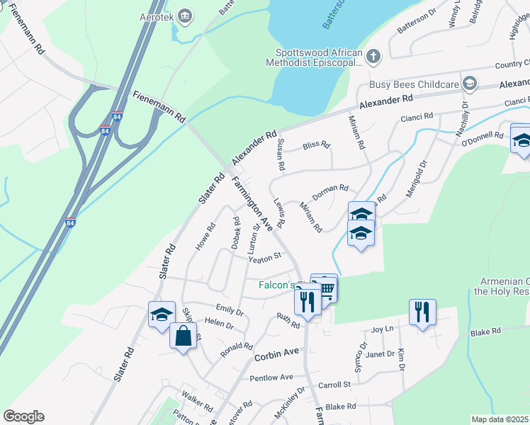 map of restaurants, bars, coffee shops, grocery stores, and more near 887 Farmington Avenue in New Britain