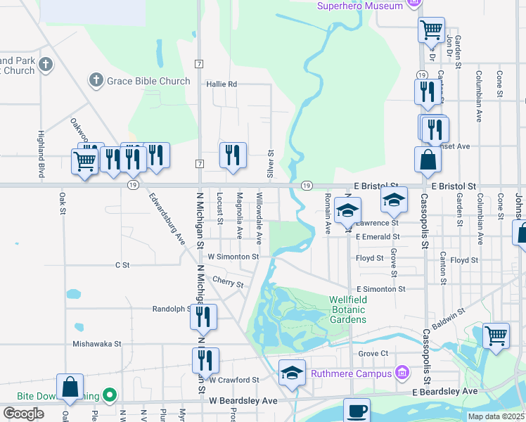 map of restaurants, bars, coffee shops, grocery stores, and more near 1412 Willowdale Ave in Elkhart