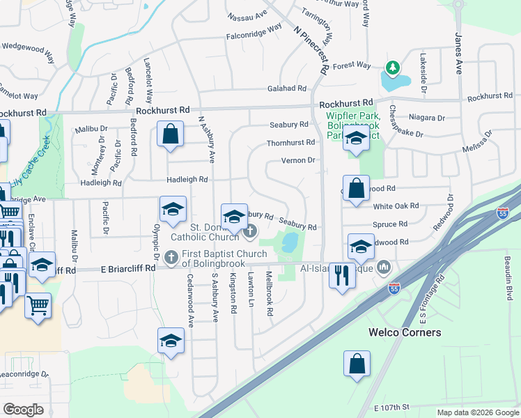 map of restaurants, bars, coffee shops, grocery stores, and more near 124 Seabury Road in Bolingbrook