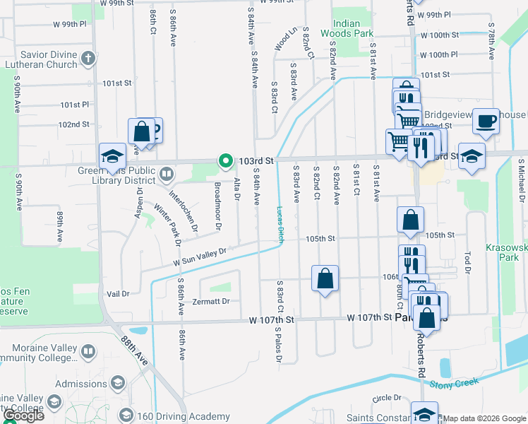 map of restaurants, bars, coffee shops, grocery stores, and more near 10437 South 84th Avenue in Palos Hills