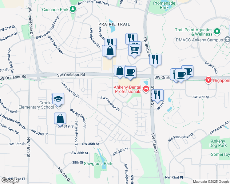 map of restaurants, bars, coffee shops, grocery stores, and more near 1845 Southwest White Birch Circle in Ankeny