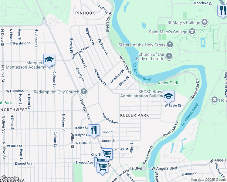 map of restaurants, bars, coffee shops, grocery stores, and more near 1198 Culver Place in South Bend