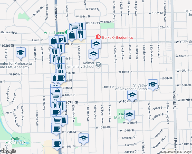 map of restaurants, bars, coffee shops, grocery stores, and more near 10513 Kolmar Avenue in Oak Lawn