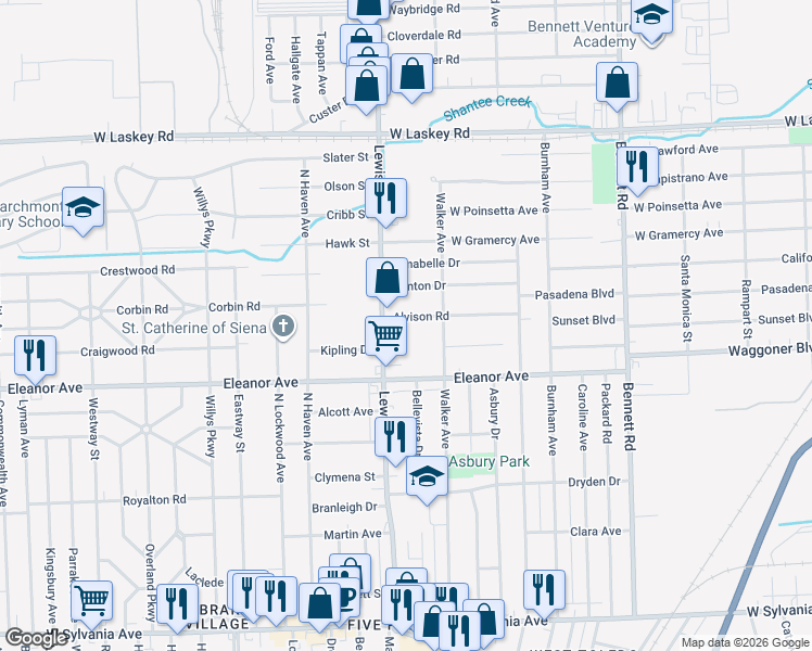 map of restaurants, bars, coffee shops, grocery stores, and more near 939 Alvison Road in Toledo