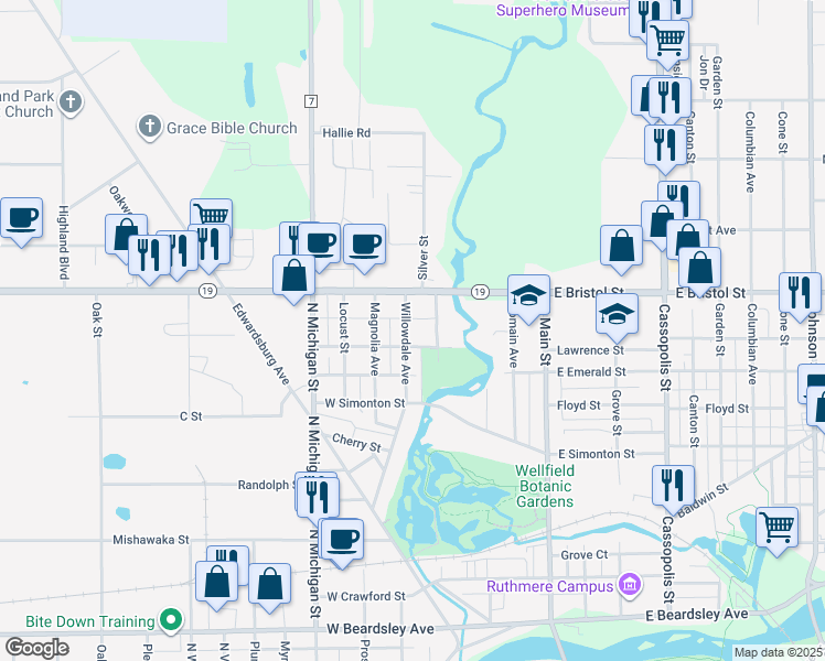 map of restaurants, bars, coffee shops, grocery stores, and more near 1412 Willowdale Avenue in Elkhart
