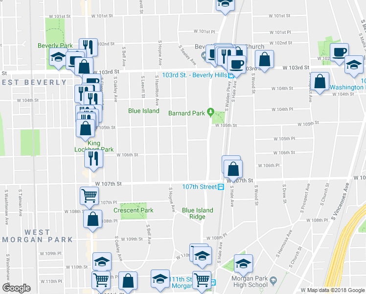 map of restaurants, bars, coffee shops, grocery stores, and more near 10546 South Seeley Avenue in Chicago
