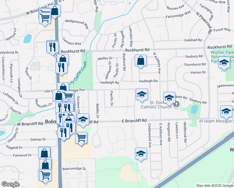map of restaurants, bars, coffee shops, grocery stores, and more near 157 Bedford Rd in Bolingbrook
