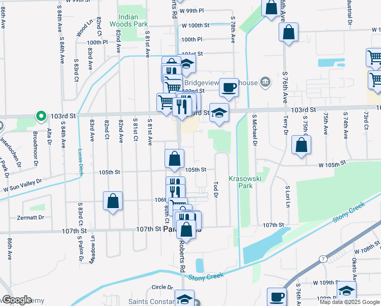 map of restaurants, bars, coffee shops, grocery stores, and more near 10402 Sheffield Drive in Palos Hills