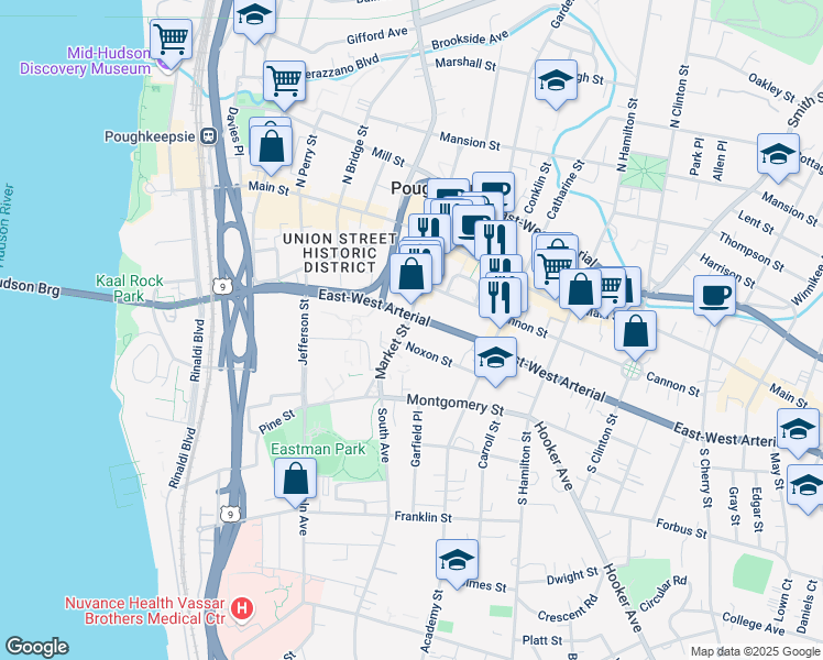 map of restaurants, bars, coffee shops, grocery stores, and more near 75 Market Street in Poughkeepsie