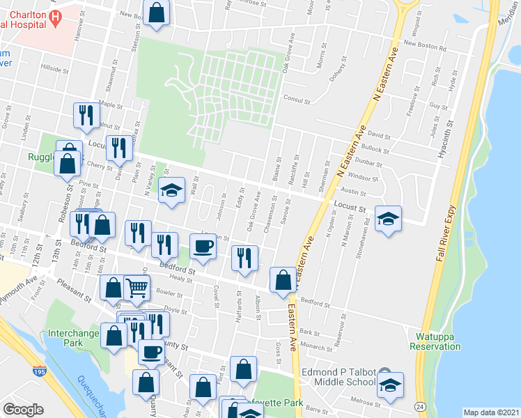 map of restaurants, bars, coffee shops, grocery stores, and more near 291 Oak Grove Ave in Fall River
