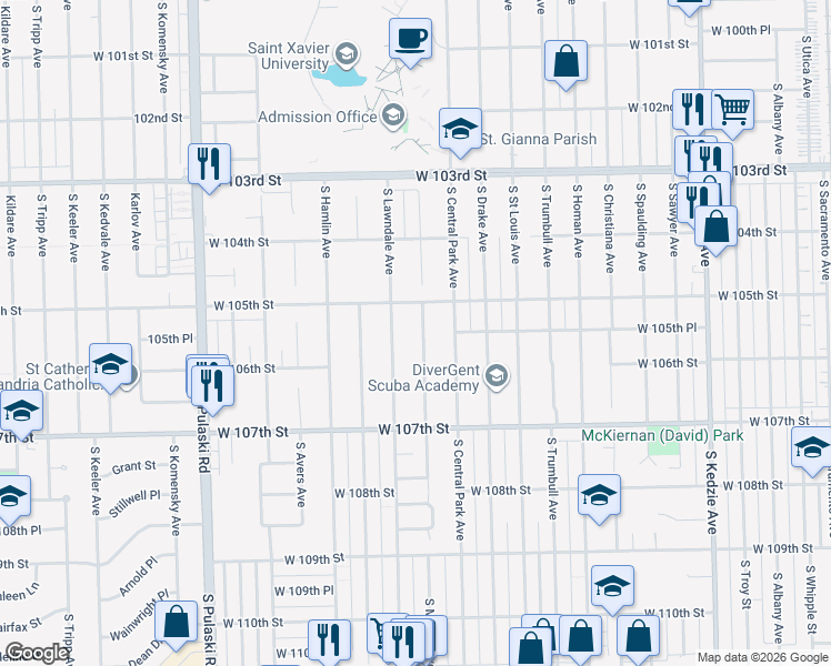 map of restaurants, bars, coffee shops, grocery stores, and more near 10528 South Millard Avenue in Chicago