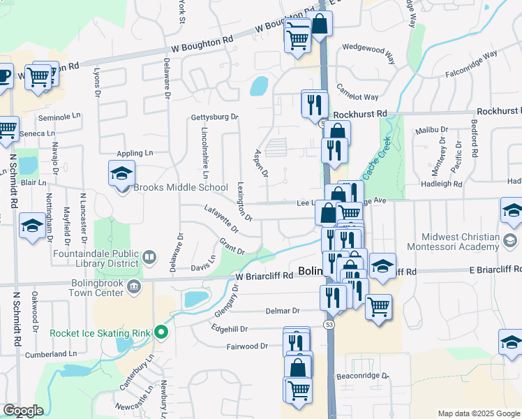 map of restaurants, bars, coffee shops, grocery stores, and more near 127 Lee Lane in Bolingbrook