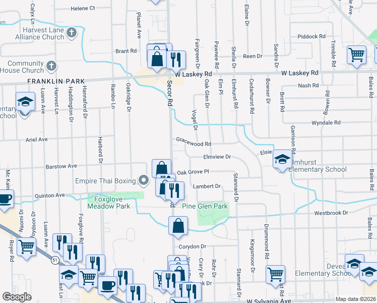 map of restaurants, bars, coffee shops, grocery stores, and more near 3234-3252 Elmview Drive in Toledo