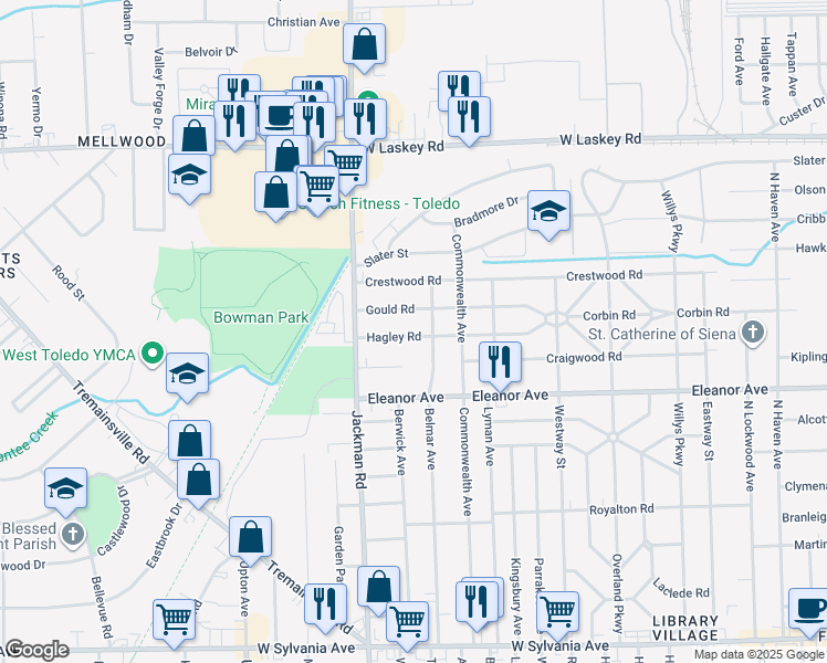 map of restaurants, bars, coffee shops, grocery stores, and more near 1620 Hagley Road in Toledo