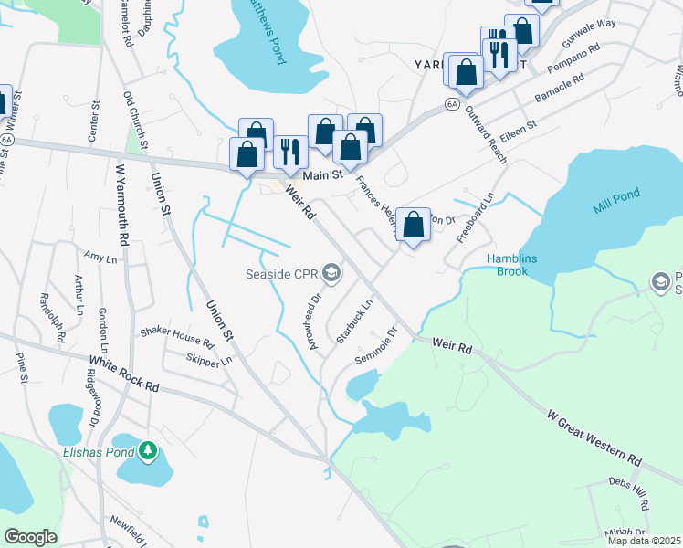 map of restaurants, bars, coffee shops, grocery stores, and more near 8 Arrowhead Drive in Yarmouth