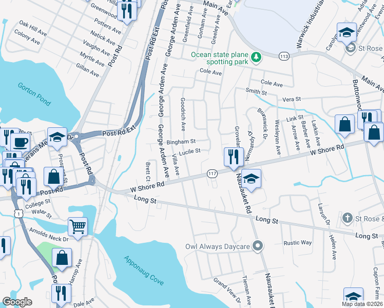 map of restaurants, bars, coffee shops, grocery stores, and more near 18 Lucile St in Warwick
