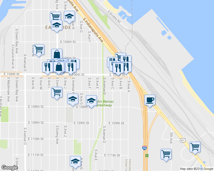 map of restaurants, bars, coffee shops, grocery stores, and more near 10641 South Avenue D in Chicago