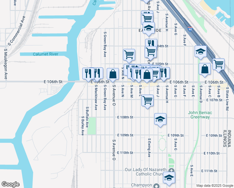 map of restaurants, bars, coffee shops, grocery stores, and more near 10643 South Avenue O in Chicago