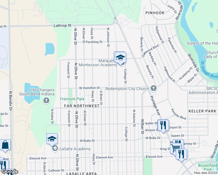 map of restaurants, bars, coffee shops, grocery stores, and more near Johnson St & W Hamilton St in South Bend