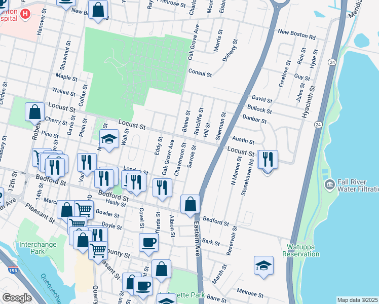 map of restaurants, bars, coffee shops, grocery stores, and more near 270 Savoie Street in Fall River