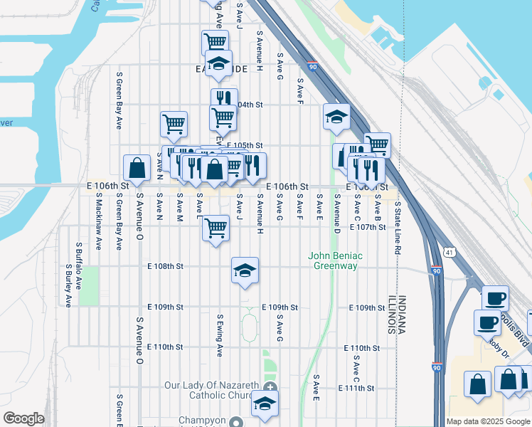 map of restaurants, bars, coffee shops, grocery stores, and more near 10641 South Avenue H in Chicago