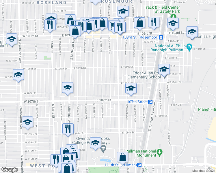 map of restaurants, bars, coffee shops, grocery stores, and more near 10606 South Calumet Avenue in Chicago