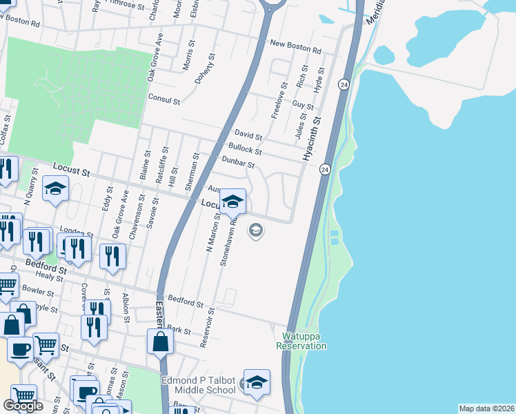 map of restaurants, bars, coffee shops, grocery stores, and more near 10 Fenmore Street in Fall River