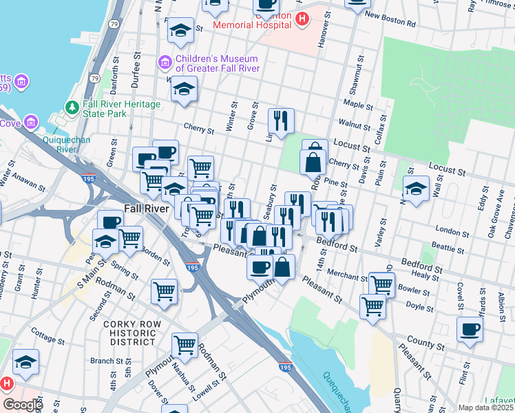map of restaurants, bars, coffee shops, grocery stores, and more near 530 Bank Street in Fall River