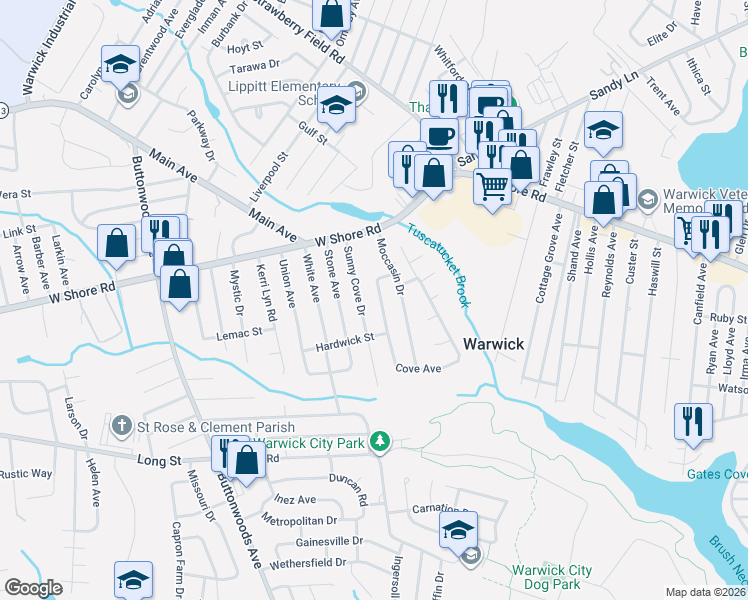 map of restaurants, bars, coffee shops, grocery stores, and more near 353 Cove Avenue in Warwick