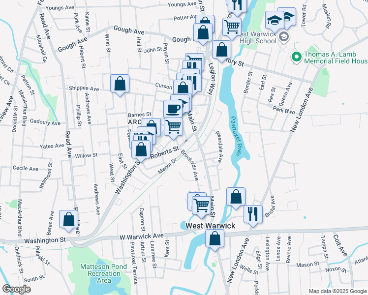 map of restaurants, bars, coffee shops, grocery stores, and more near 36 Roberts Street in West Warwick