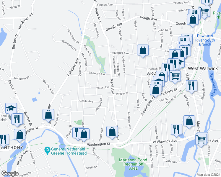 map of restaurants, bars, coffee shops, grocery stores, and more near 96 Read Avenue in Coventry