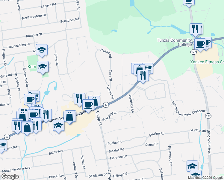 map of restaurants, bars, coffee shops, grocery stores, and more near 6 Case Street in Farmington