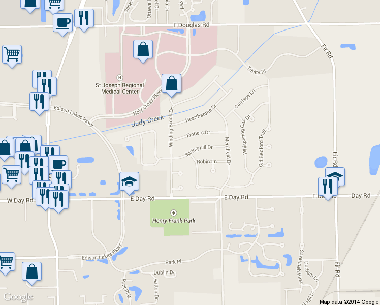map of restaurants, bars, coffee shops, grocery stores, and more near 15656 Springmill Dr in Mishawaka