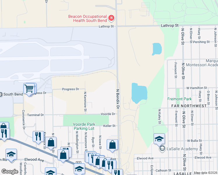 map of restaurants, bars, coffee shops, grocery stores, and more near in South Bend