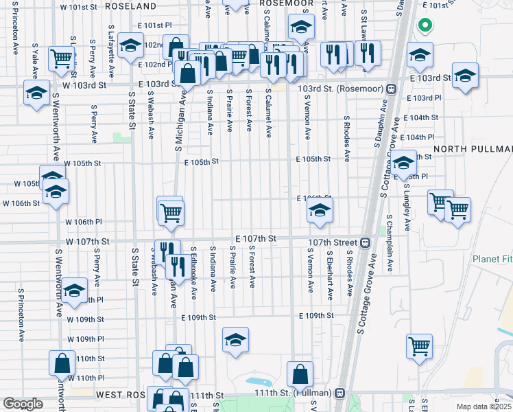 map of restaurants, bars, coffee shops, grocery stores, and more near 10606 South Calumet Avenue in Chicago
