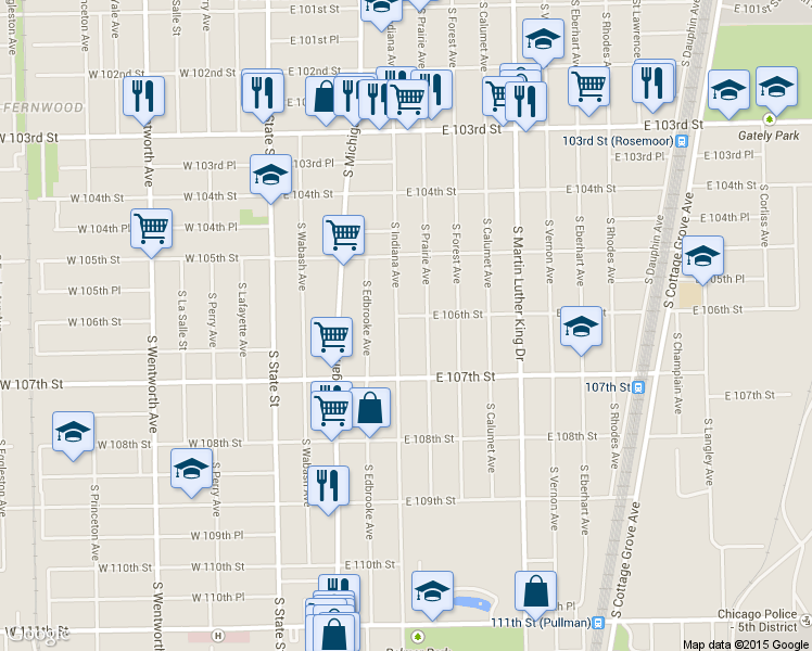 map of restaurants, bars, coffee shops, grocery stores, and more near 10605 South Indiana Avenue in Chicago