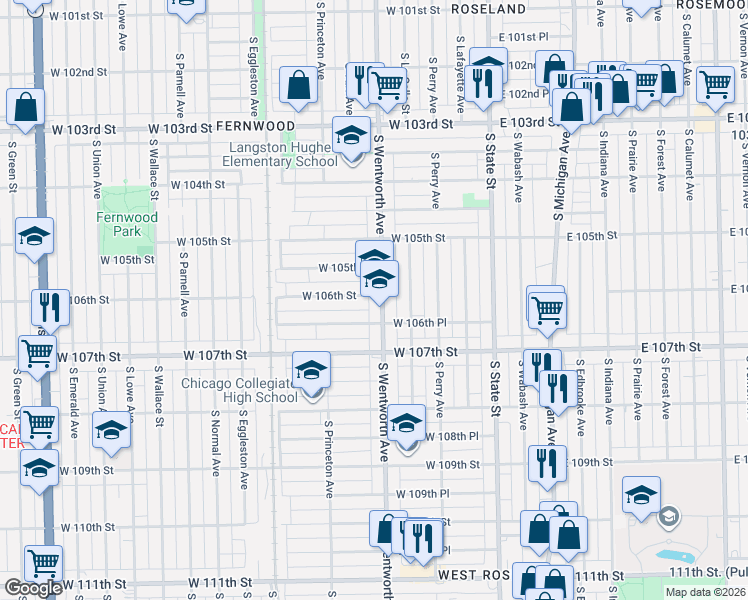 map of restaurants, bars, coffee shops, grocery stores, and more near 10600 South Wentworth Avenue in Chicago
