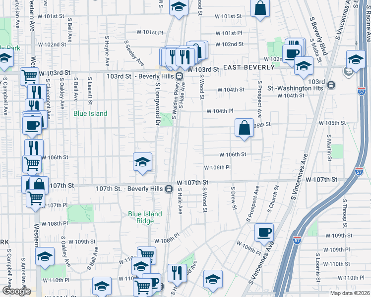map of restaurants, bars, coffee shops, grocery stores, and more near 10557 South Hale Avenue in Chicago