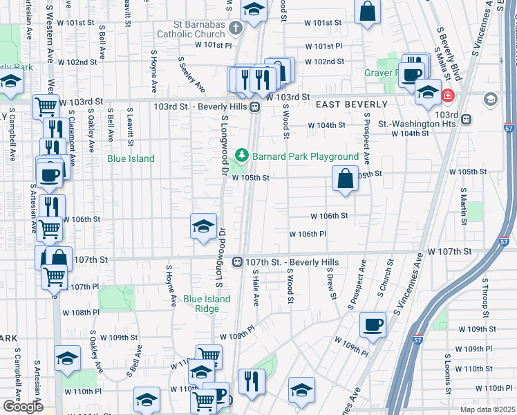 map of restaurants, bars, coffee shops, grocery stores, and more near 10557 South Hale Avenue in Chicago
