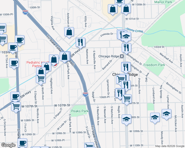 map of restaurants, bars, coffee shops, grocery stores, and more near 10430 South Nashville Avenue in Chicago Ridge