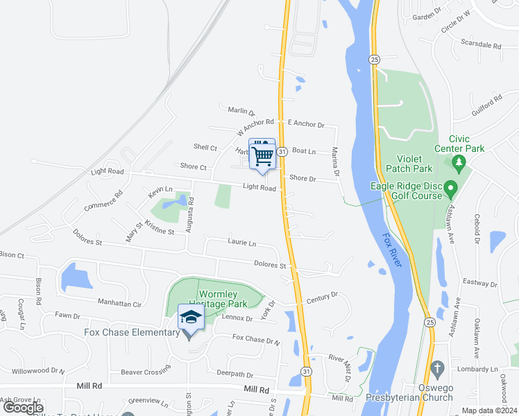map of restaurants, bars, coffee shops, grocery stores, and more near 2400 Light Road in Oswego