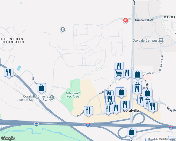 map of restaurants, bars, coffee shops, grocery stores, and more near 2855 Heartland Drive in Coralville