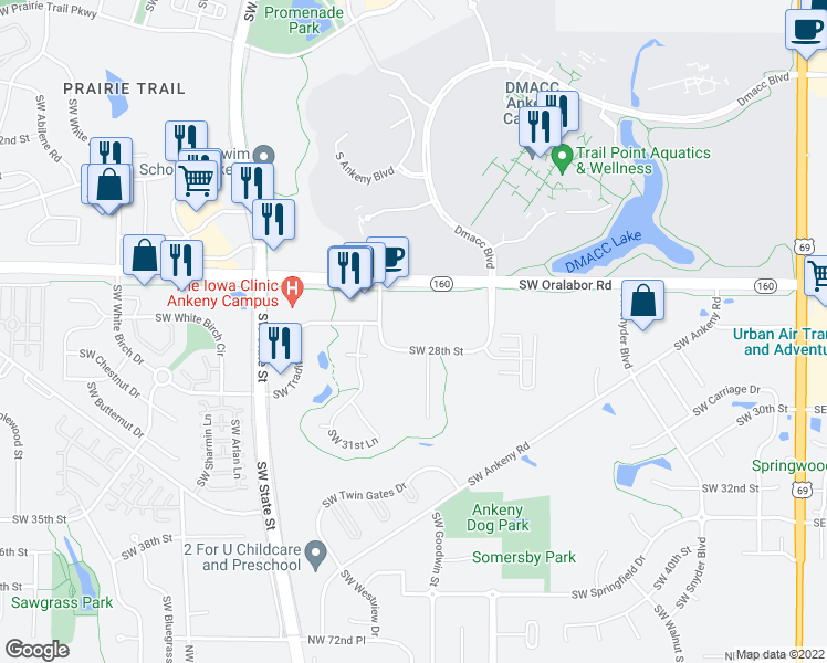 map of restaurants, bars, coffee shops, grocery stores, and more near 1210 Southwest 28th Street in Ankeny