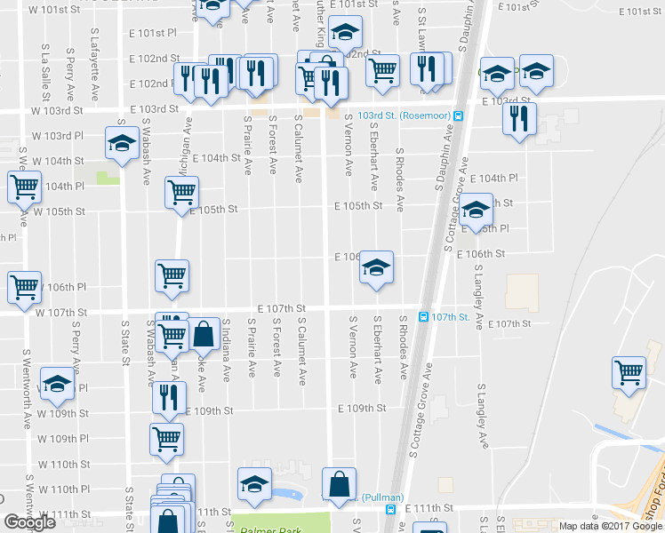 map of restaurants, bars, coffee shops, grocery stores, and more near 10609 South King Drive in Chicago