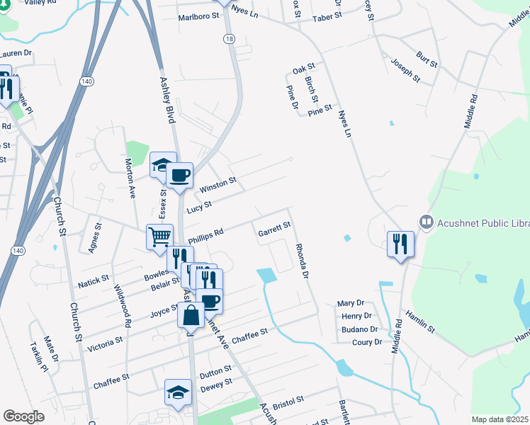 map of restaurants, bars, coffee shops, grocery stores, and more near 843 Phillips Road in New Bedford