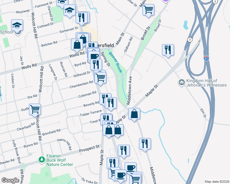 map of restaurants, bars, coffee shops, grocery stores, and more near 4 Sharon Lane in Wethersfield