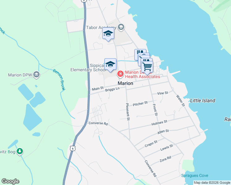 map of restaurants, bars, coffee shops, grocery stores, and more near 12 Briggs Lane in Marion