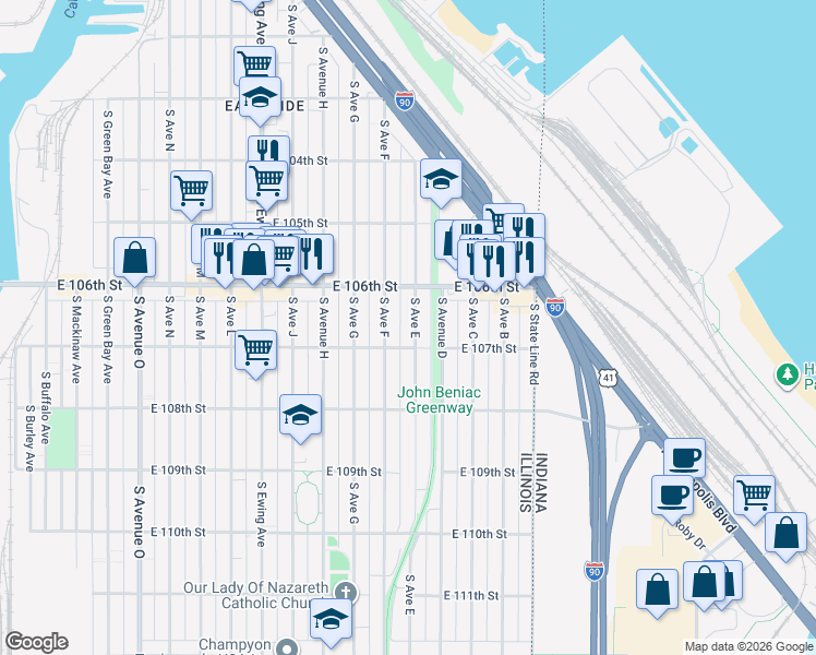 map of restaurants, bars, coffee shops, grocery stores, and more near 10640 South Avenue East in Chicago